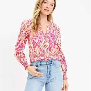 LOFT Pink and Orange Paisley Smocked Cuff V-Neck Blouse with Buttons Women Med
